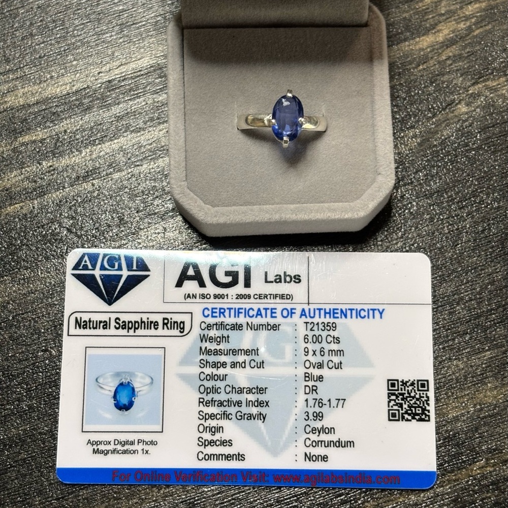 6Ct of Natural Blue Sapphire AGI certified Ring Sz 7.75 in 925 Sterling Silver - Picture 8 of 14